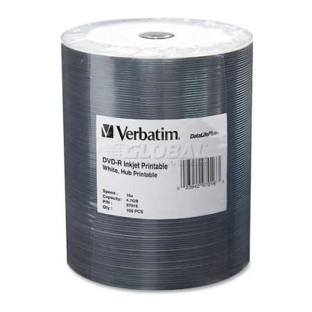 Verbatim Americas Verbatim DVD-R, 16X Speed, 4.7GB, Inkjet Printable, Wrapped, 100/Pk, White 97016